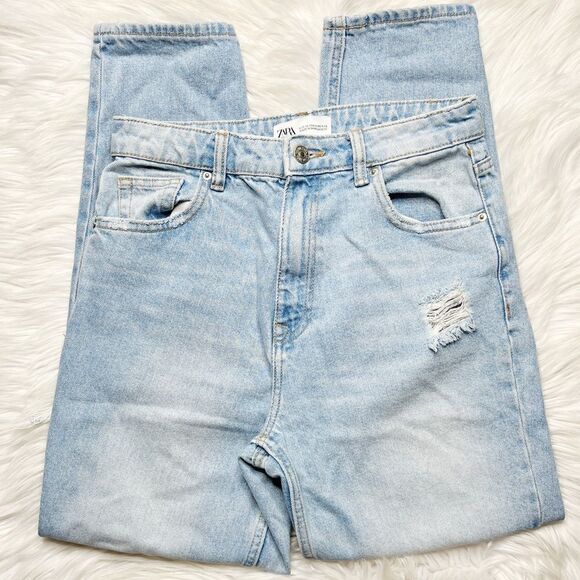 Zara High Rise Distressed Mom Straight Leg Jeans Light Wash Size 4 - Picture 1 of 8